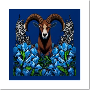 Cartoon Of A Bighorn Sheep With Colorado Blue Columbine Posters and Art
